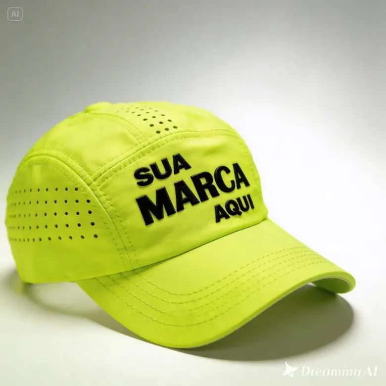 Boné dry-fit verde-limão com furos de ventilação e estampa "sua marca aqui"