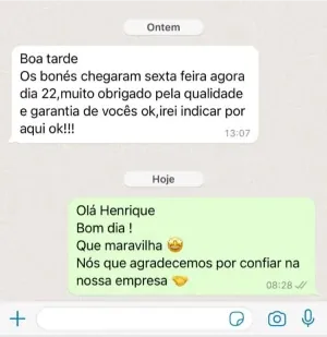 Print de conversa no WhatsApp com cliente agradecendo pela qualidade e garantia